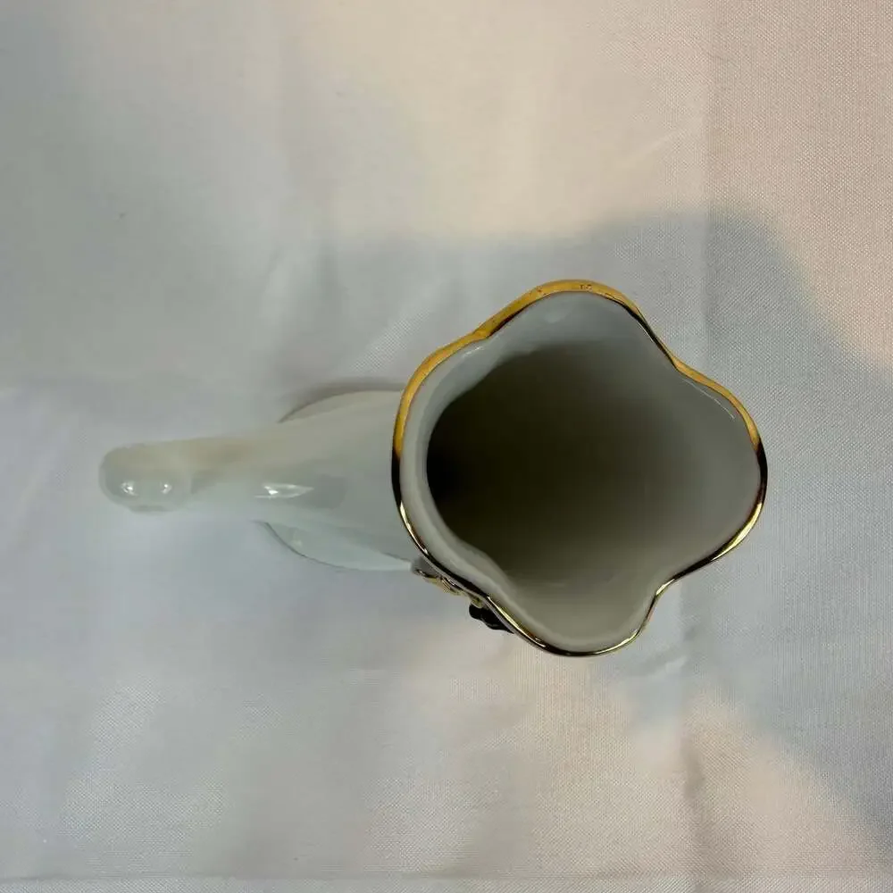 Small vintage porcelain cornucopia vase white w/ gold trim purple grapes 5”